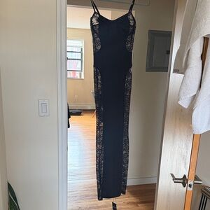 Black Lace-Panel Maxi Dress with Spaghetti Straps